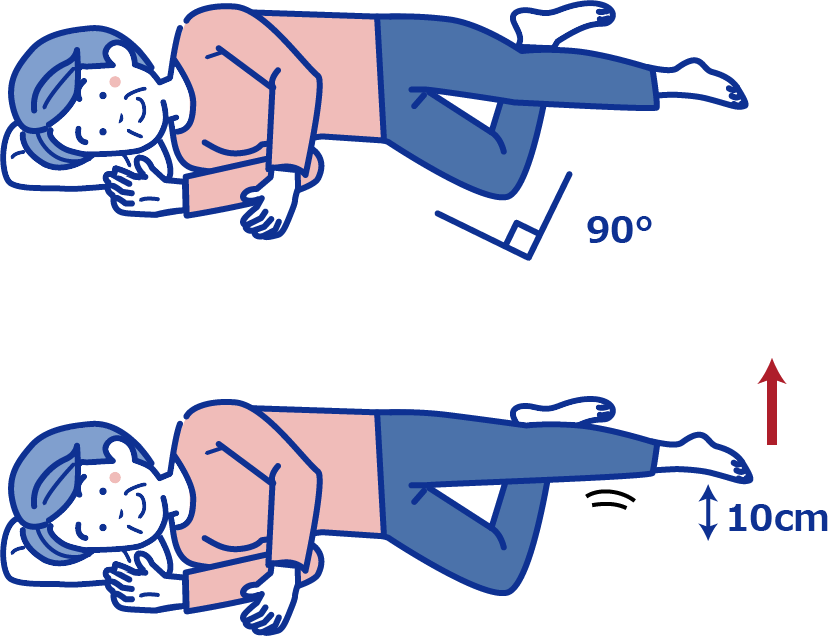 床に横向きに寝て、下側の脚あしを90度に曲げる