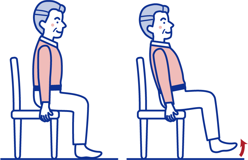  椅子に背中がつく、直前まで、ゆっくり上半身を倒し、脚あしを持ち上げ5秒キープ