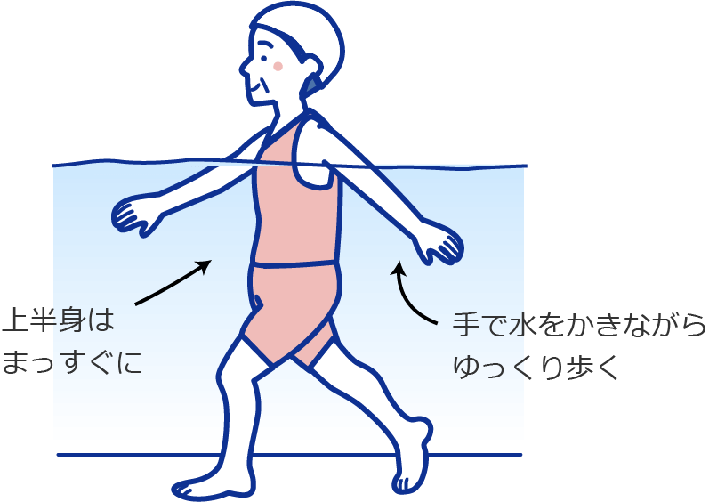 上半身はまっすぐに、手で水をかきながらゆっくり歩く