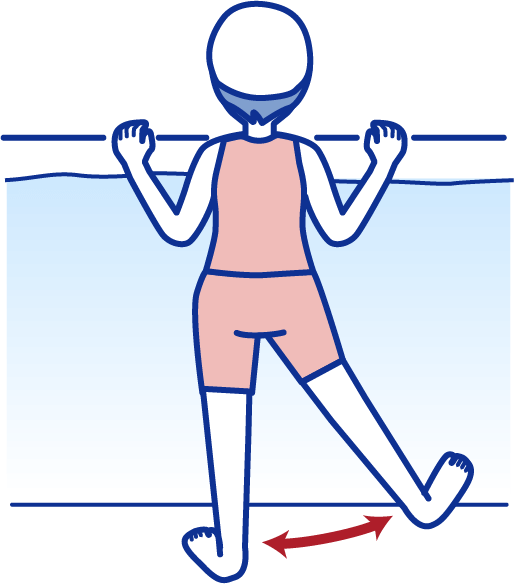 プールのへりにつかまり、ひざを伸ばしたまま脚を外側に上げ下ろす